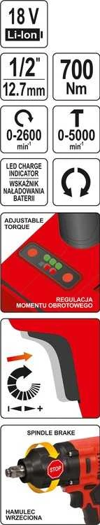 YATO bešepetėlinis smūginis veržliasukis 18V LI-ION 1/2" 0xAh 700Nm BEZ AKU.I ŁADOWARKI