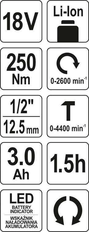 YATO bešepetėlinis smūginis veržliasukis 18V LI-ION 1/2" 1x3,0Ah 250Nm