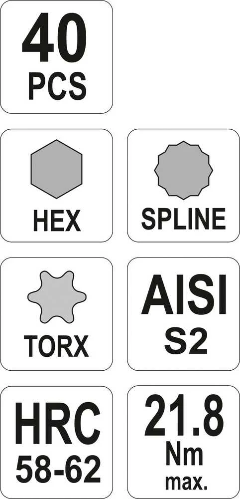Yato antgalių rinkinys Hex, Torx, Spline, 40 vnt YT-0400