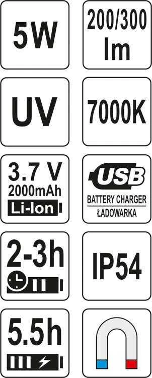 Yato Toya Sa Poland COB LED darbo lempa su magnetu | 5W COB 300LM + UV (YT-08580)