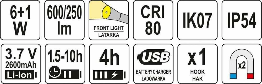 YATO SEMINARŲ LEMPAS 6W COB, 600LM + 250LM