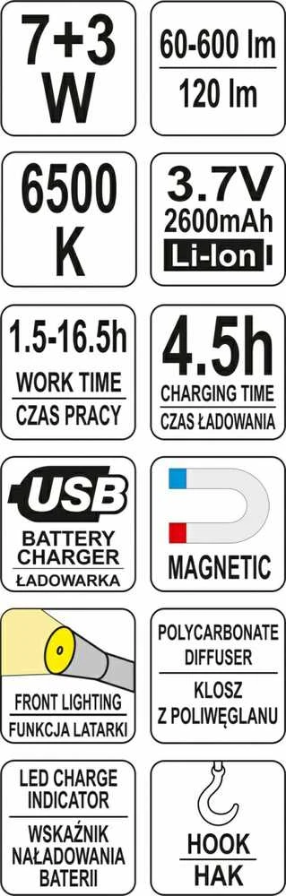 YATO SEMINARŲ LEMPAS 7W COB 600LM + 120LM