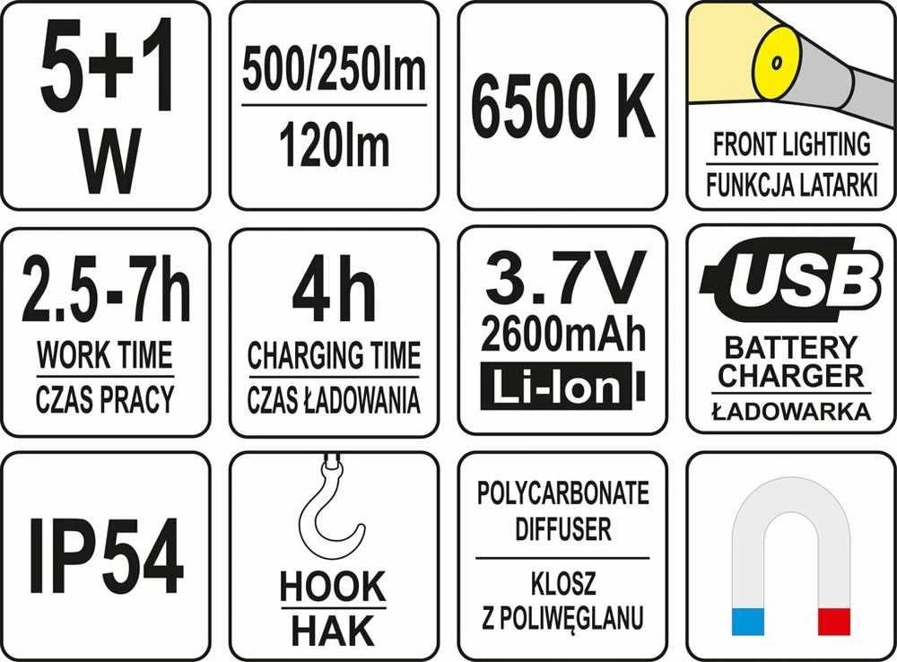 Toya Sa Poland Darbo lempa akumuliatorinė lanksti | 5W COB, 500LM + 120LM (YT-08562)