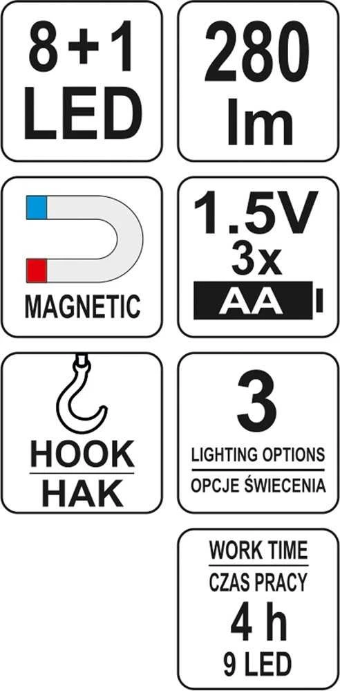 YATO SEMINARŲ LEMPAS 2in1 LED MAGNETAS 3xAA BATERIJAMS 280 liumenų