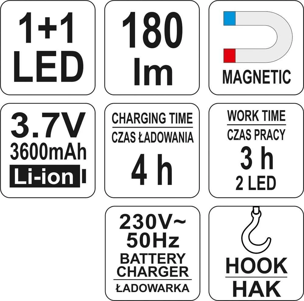 YATO DIRBTINĖS LEMPAS ĮKRAUJAMAS LED MAGNETAS + KABLIS 2-in-1 SUDARYTA, 180 LUMEN 3.6V ličio jonų
