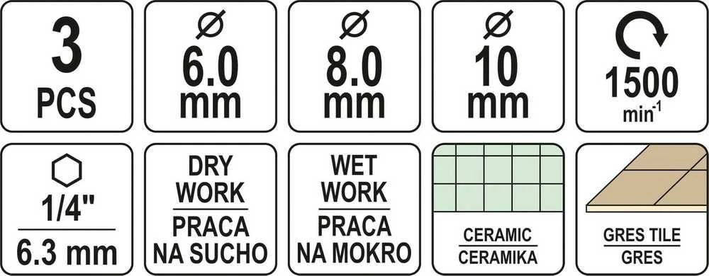 Grąžtas Toya Sa Poland Deimantinės karūnėlės | 6,3 mm (1/4") | 6 / 8 / 10 mm | 3 vnt. (YT-60409)