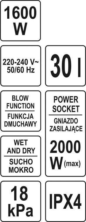 Toya Sa Poland Dulkių siurblys pramoninis | drėgna ir sausa funkcija | 1600/2000 W / 30 l (YT-85715)