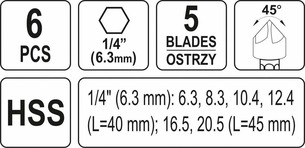 Grąžtas YATO SKAIČIUS METALUI 6 vnt. 6,3-20,5 mm HEX