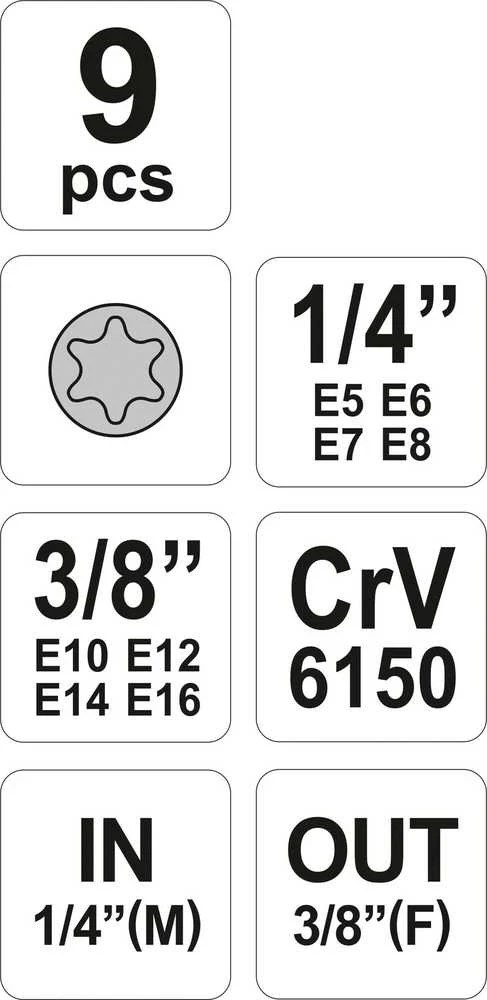 YATO TORX veržliarakčiai 9 vnt. E5-E16, 0520