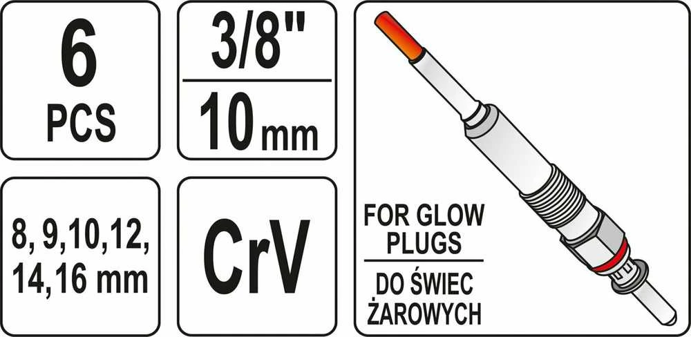 Yato Toya Sa Poland Galvutės kaitinimo žvakėms | šarnyrinės | 10 mm (3/8") | 8–16 mm | 6 vnt. (YT-05339)