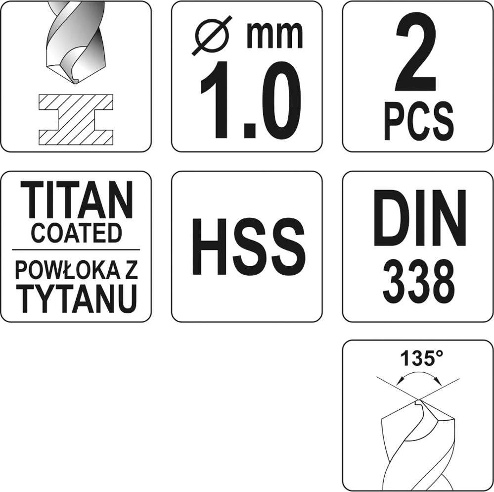 Toya Sa Poland Grąžtas metalui HSS-TIN 1.0 mm, 2vnt. (YT-44630)