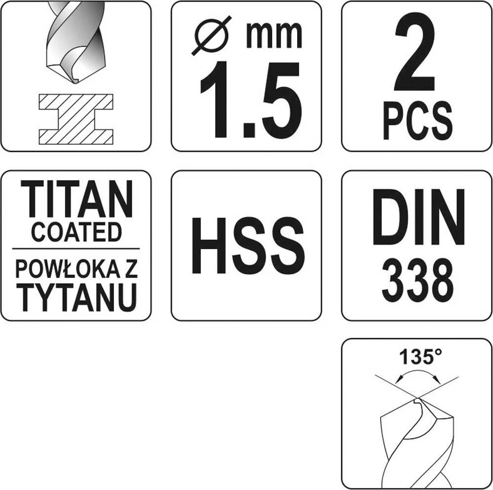 Toya Sa Poland Grąžtas metalui HSS-TIN 1.5 mm, 2vnt. (YT-44631)
