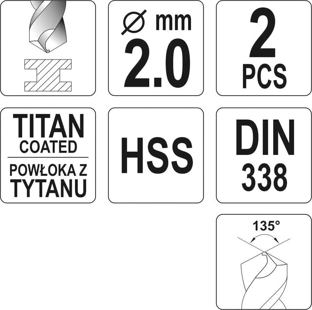 Toya Sa Poland Grąžtas metalui HSS-TIN 2.0 mm, 2vnt. (YT-44632)