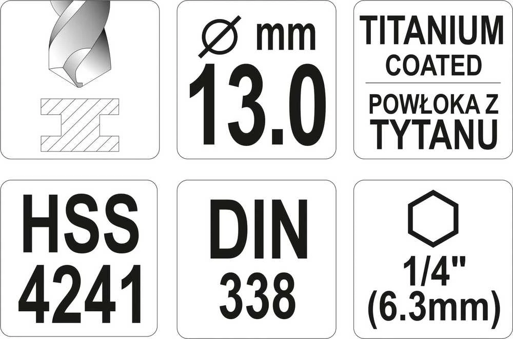 Yato Toya Sa Poland Grąžtas metalui su Hex 6.3 mm (1/4") galu HSS-TiN | 13.0 mm (YT-44776)