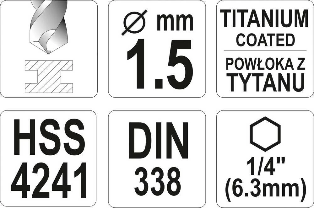 Yato Toya Sa Poland Grąžtas metalui su Hex 6.3 mm (1/4") galu HSS-TiN | 1,5 mm (YT-44750)