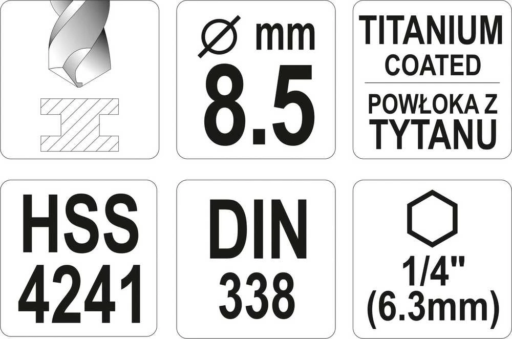 Yato Toya Sa Poland Grąžtas metalui su Hex 6.3 mm (1/4") galu HSS-TiN | 8.5 mm (YT-44769)