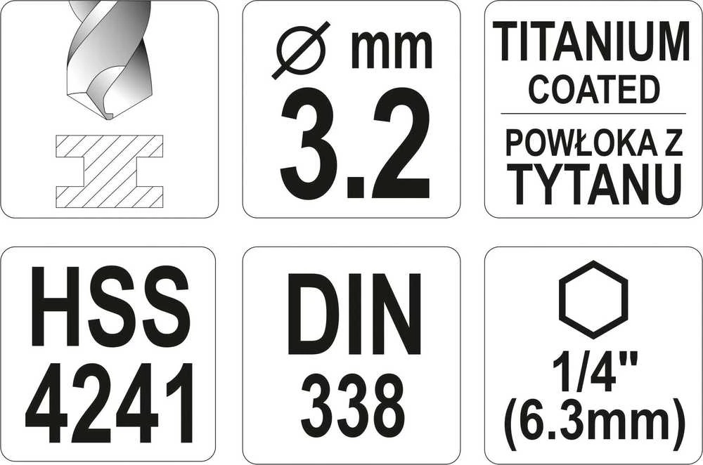 Yato Toya Sa Poland Grąžtas metalui su Hex 6.3 mm (1/4") galu HSS-TiN | 3.2 mm (YT-44755)