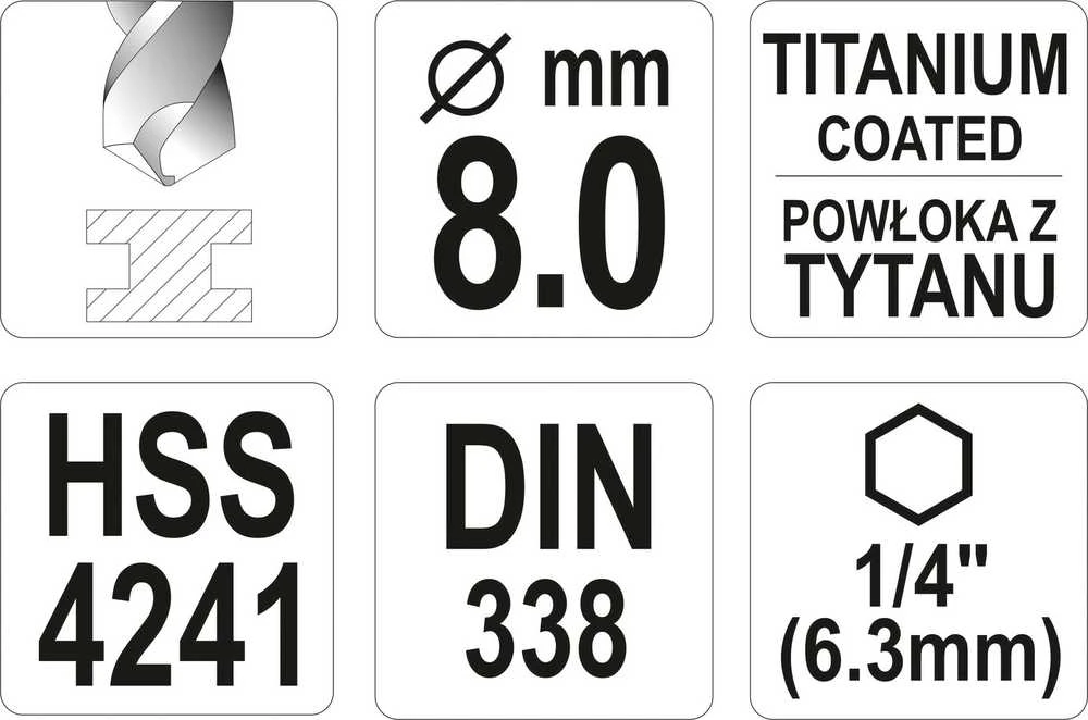 Yato Toya Sa Poland Grąžtas metalui su Hex 6.3 mm (1/4") galu HSS-TiN | 8.0 mm (YT-44768)