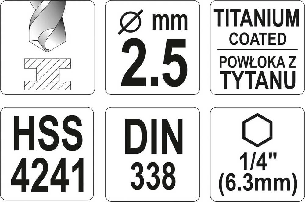 Yato Toya Sa Poland Grąžtas metalui su Hex 6.3 mm (1/4") galu HSS-TiN | 2.5 mm (YT-44752)