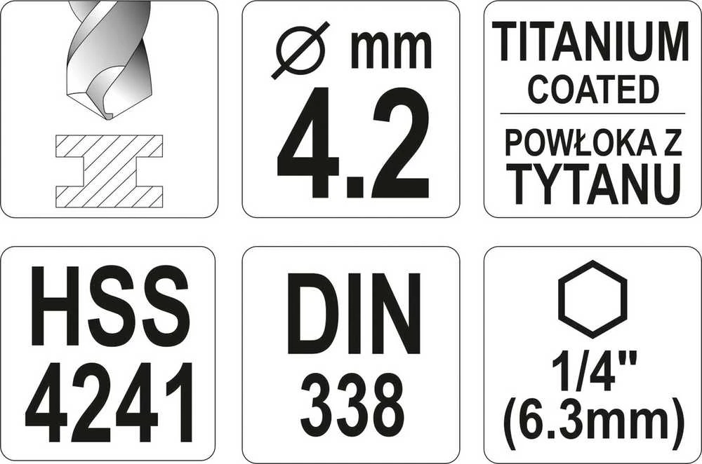 Yato Toya Sa Poland Grąžtas metalui su Hex 6.3 mm (1/4") galu HSS-TiN | 4.2 mm (YT-44758)