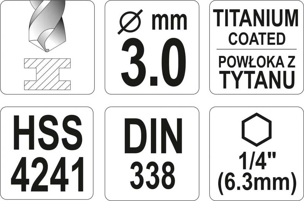 Yato Toya Sa Poland Grąžtas metalui su Hex 6.3 mm (1/4") galu HSS-TiN | 3.0 mm (YT-44754)
