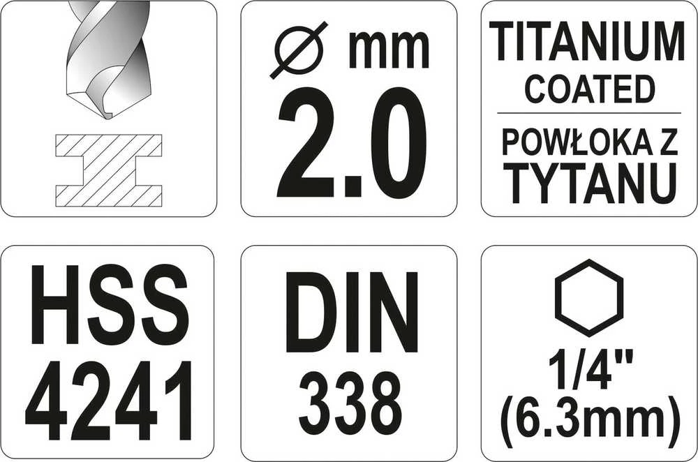 Yato Toya Sa Poland Grąžtas metalui su Hex 6.3 mm (1/4") galu HSS-TiN | 2.0 mm (YT-44751)