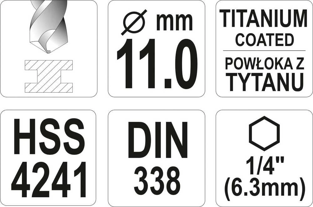 Yato Toya Sa Poland Grąžtas metalui su Hex 6.3 mm (1/4") galu HSS-TiN | 11.0 mm (YT-44773)