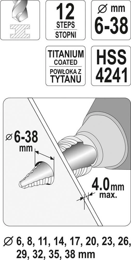 Pakopinis grąžtas Yato YT-44740; 6-38 mm