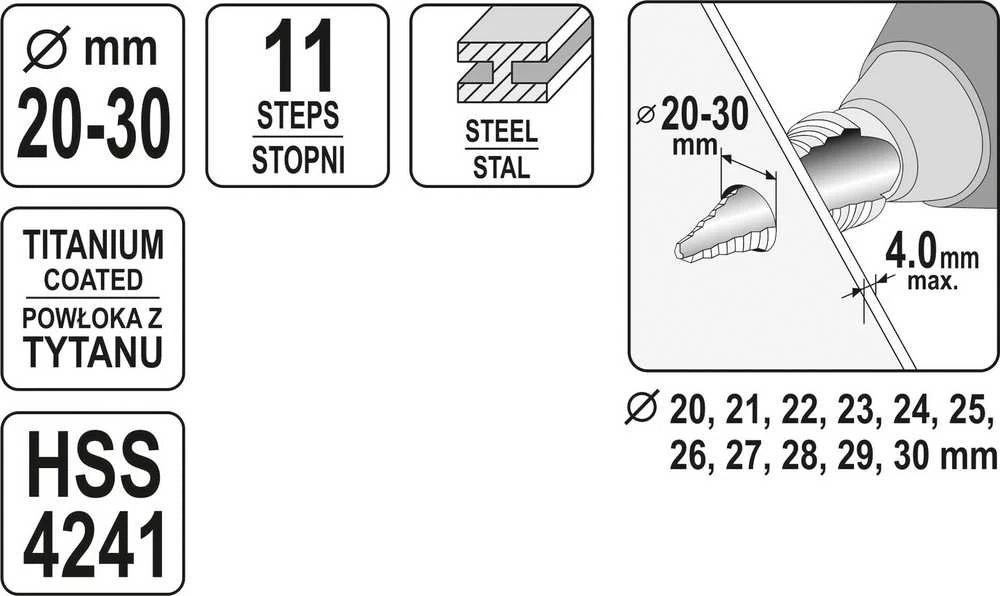 Grąžtas YATO grąžtai STOPNIOWE 20-30mm