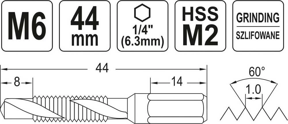 Grąžtas YATO grąžtai-Sriegiklis M6 HEX