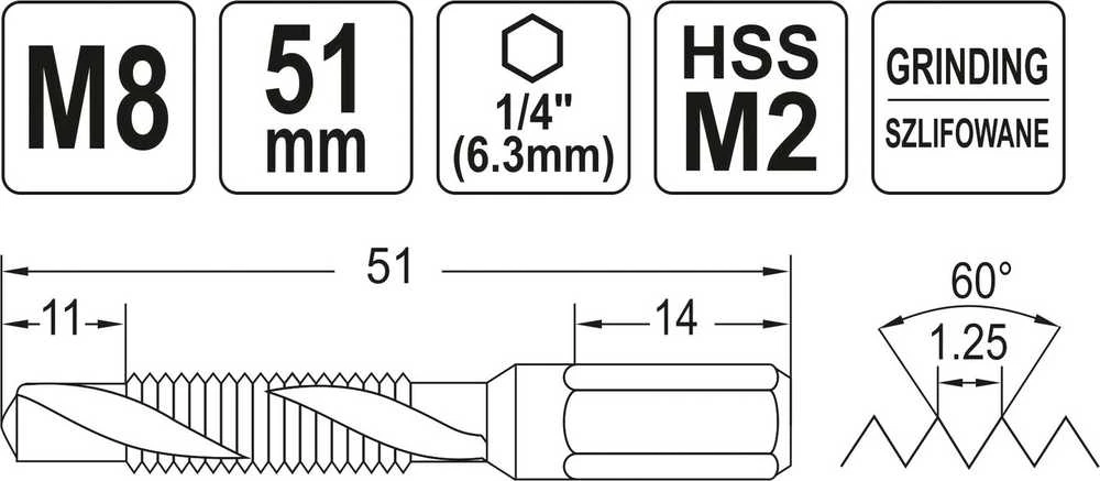 Grąžtas YATO grąžtai-Sriegiklis M8 HEX