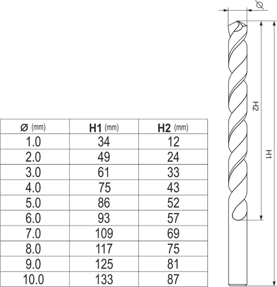 Grąžtas YATO Rinkinys grąžtų DO METALU HSS 10 vnt. 1, 2, 3, 4, 5, 6 ,7, 8, 9, 10mm, KOBALT