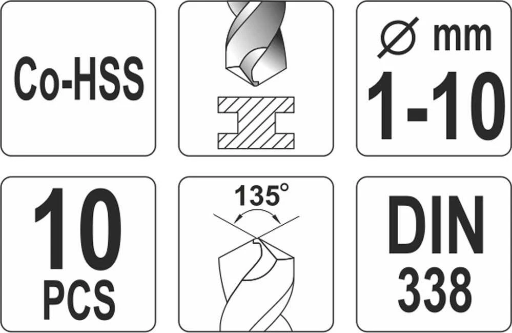 Grąžtas YATO Rinkinys grąžtų DO METALU HSS 10 vnt. 1, 2, 3, 4, 5, 6 ,7, 8, 9, 10mm, KOBALT