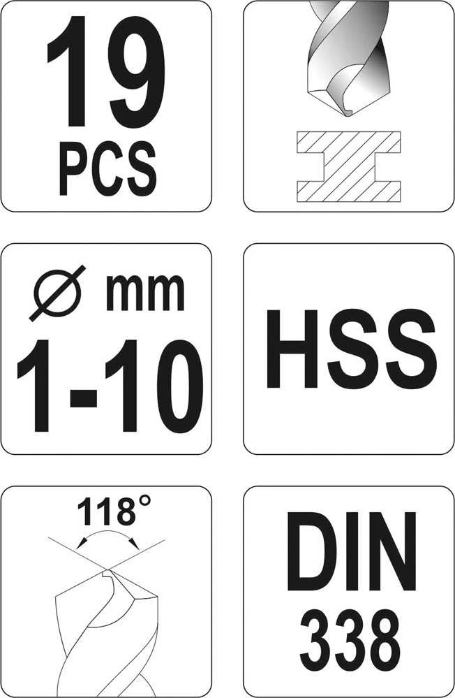 Grąžtas YATO WIERTŁA DO METALU HSS KOMPLET 19szt. 1-10mm 4462