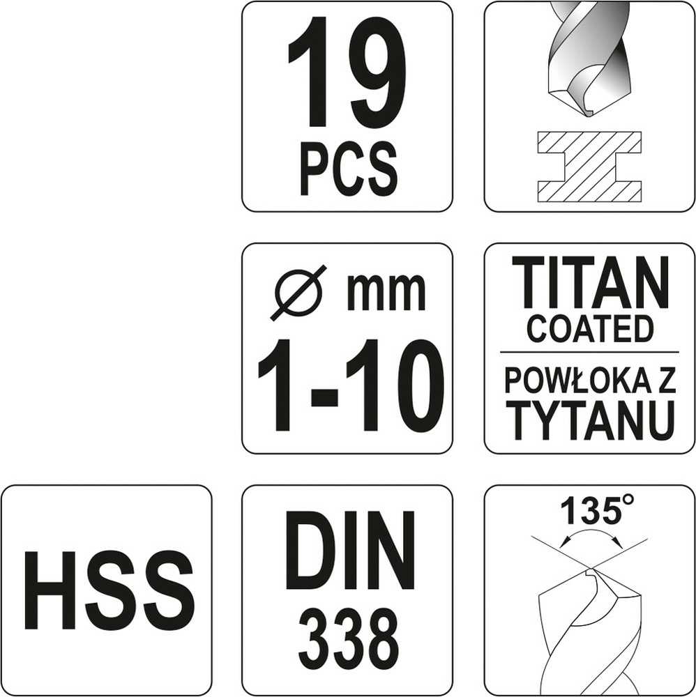 Grąžtas YATO GRĄŽŲ RINKINYS METALUI HSS-TiN 19 vnt. 1-10 mm.