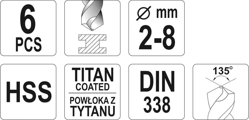 Grąžtas Toya Sa Poland Grąžtų rinkinys | HSS-Titan | 2 - 8 mm | 6 vnt. (YT-44673)