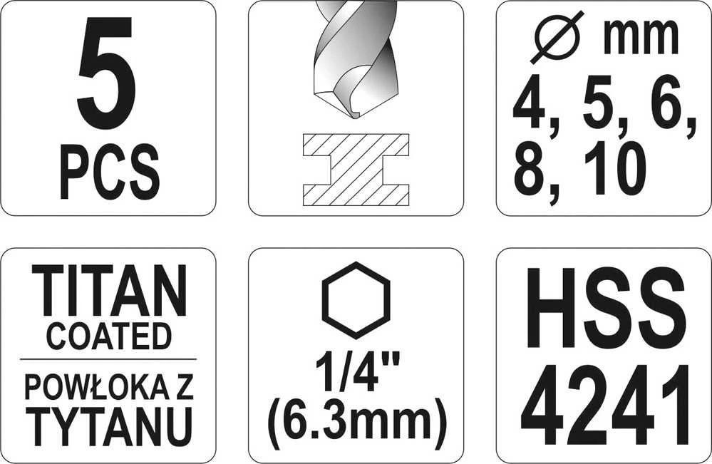 Grąžtas YATO Rinkinys grąžtų DO METALU HSS-TiN 5szt.HEX 4-10mm
