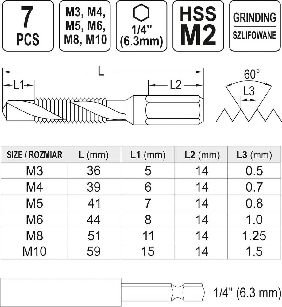 Grąžtas Toya Sa Poland YATO GRĘŽIMO-TAIP RINKINYS M3-M10 rinkinys 7 vnt HEX