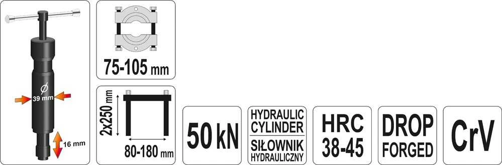 Yato Toya Sa Poland Guolių separatorius su hidrauliniu cilindru | 5 t | 75–105 mm (YT-0609)
