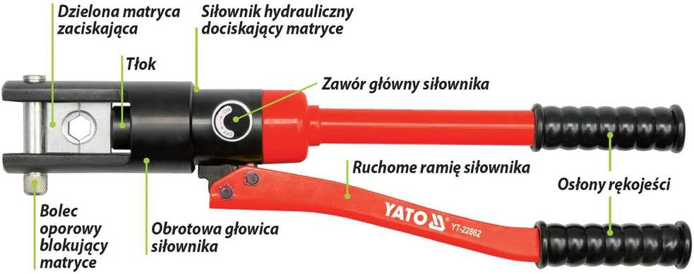Hidraulinės antgalių užspaudimo ir suveržimo žnyplės Yato YT-22861. 16–240 mm2