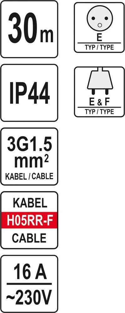 Ilgiklis vyniojamas ant ritės Yato YT-81053; 30 m; 3x1,5 mm²