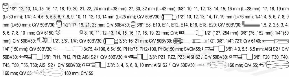 YATO Rinkinys NARZĘDZI 129 vnt. 1/2" / 3/8" / 1/4" XXL 38881