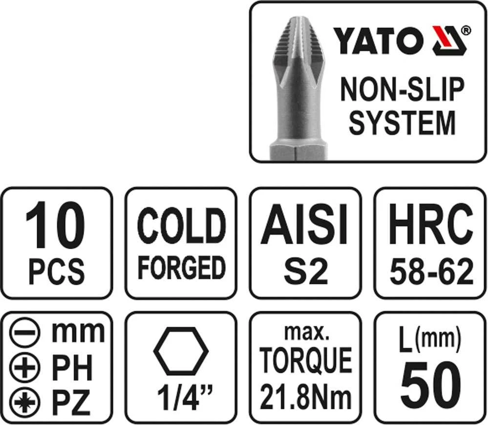 YATO KOMPLET sukimo antgalių / BITÓW 50mm 10vnt. MIX plokščias/PH/PZ 0483