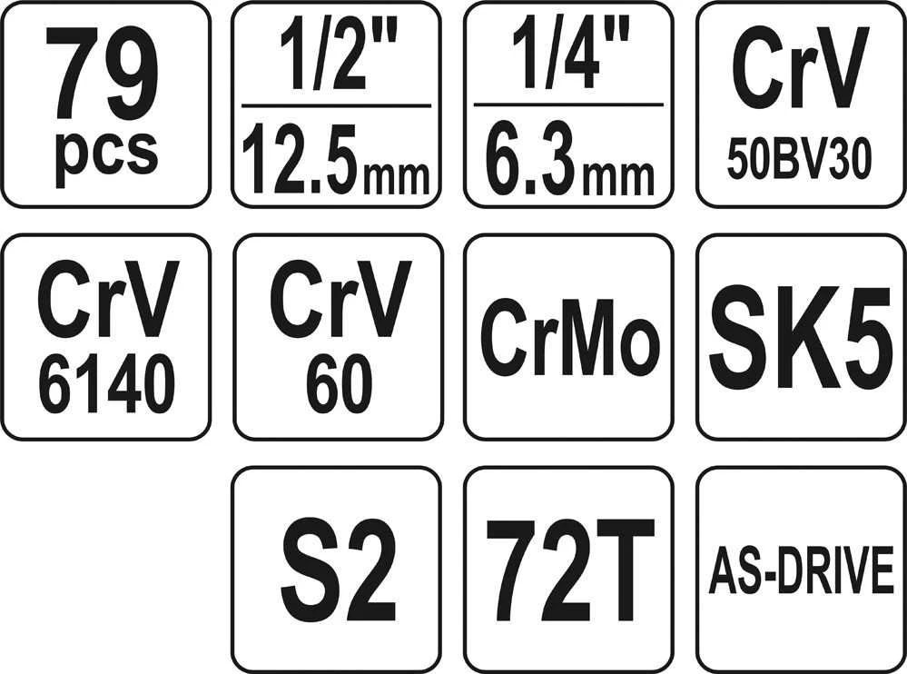 YATO ĮRANKIŲ RINKINYS 79 vnt. 1/2 "/ 1/4"