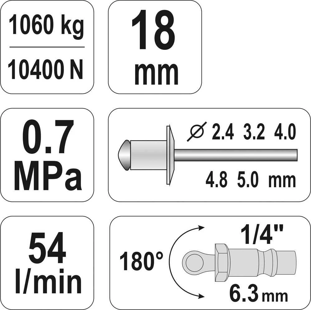 YATO Pneumatinis kniedijimo pistoletas, 2,4-5 mm, YT-36171