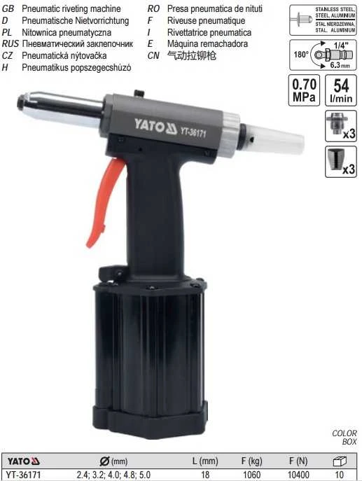 YATO Pneumatinis kniedijimo pistoletas, 2,4-5 mm, YT-36171