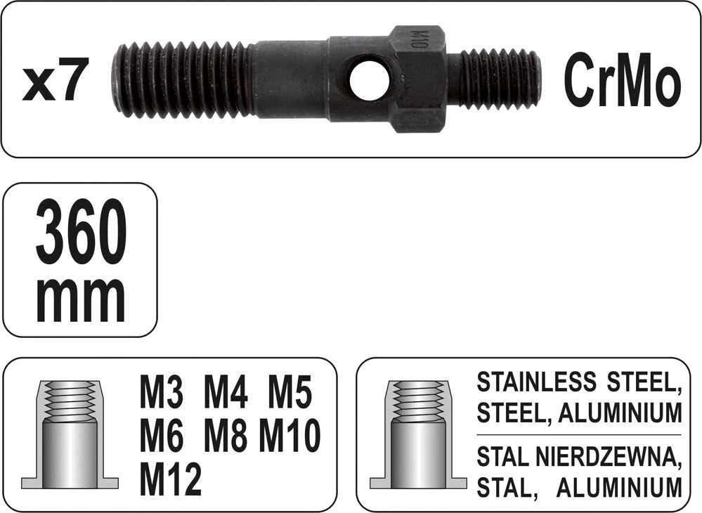 Yato Toya Sa Poland Kniediklis srieginėms kniedėms | M3, M4, M5, M6, M8, M10, M12 (YT-36127)