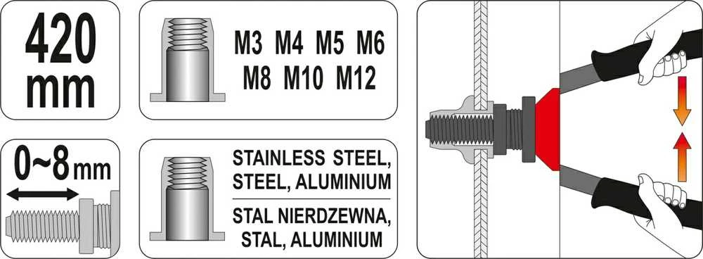 Yato Toya Sa Poland Kniediklis srieginėms kniedėms | M3 - M12 (YT-36125)