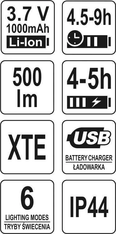 Yato Toya Sa Poland Lempa dedama ant galvos | akumuliatorinė | 500LM / 70 m | LI-ION 3,7V 1000MAH (YT-08596)