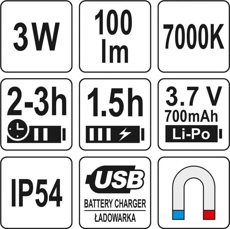 YATO DAUGIAFUNKCINĖ LEMPA 3W COB 100LM